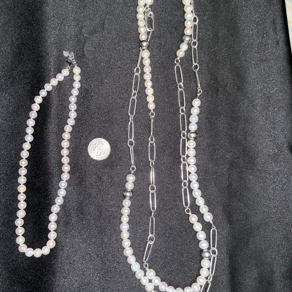 60” Heavy Sterling Silver Italian Paperclip & Freshwater Pearl Choker Necklace - Picture 3 of 8